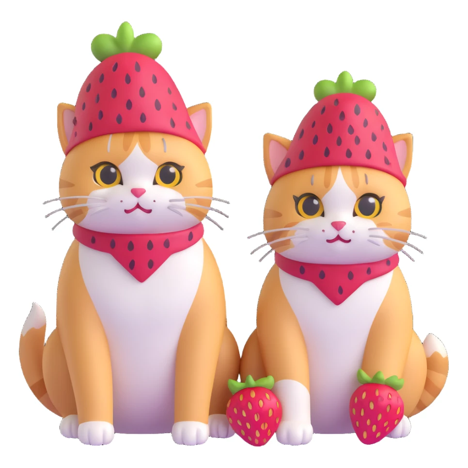 Two cats in a sitting position next to one another, each donning a strawberry hat sticker