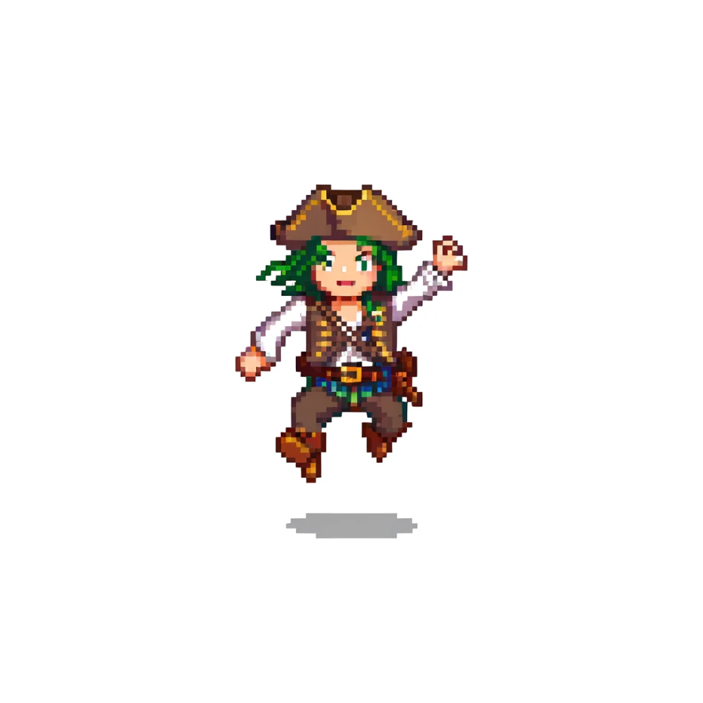 pirate character jumping animation, 32-bit style, game sprite, mid-air sticker