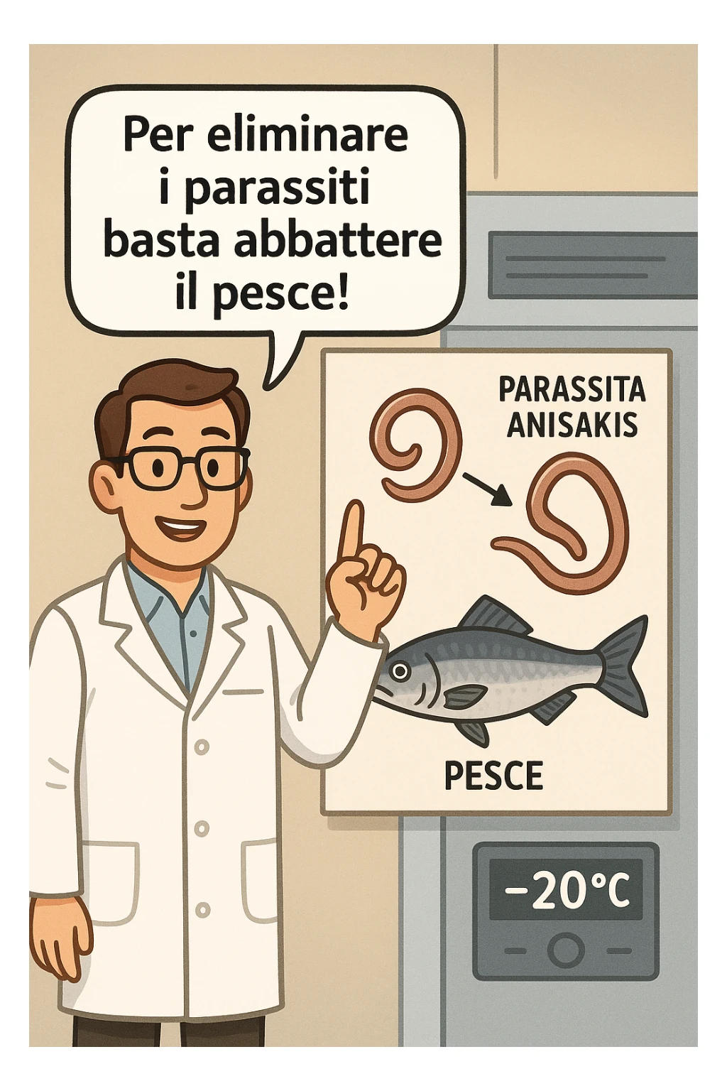  a scientist in a white lab coat stands beside a large poster showing a fish and a diagram of the Anisakis parasite. The scientist points to a speech bubble that says, “Per eliminare i parassiti basta abbattere il pesce!” In the background, a blast freezer is visible, with a temperature gauge set to -20°C. The mood is informative and reassuring. In italiano sticker