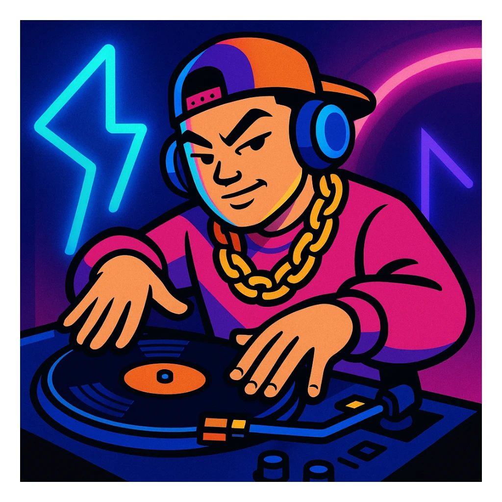 hip hop Chinese American character DJing at a turntable, cool expression, neon lights, hip hop accessories, dynamic energetic style sticker