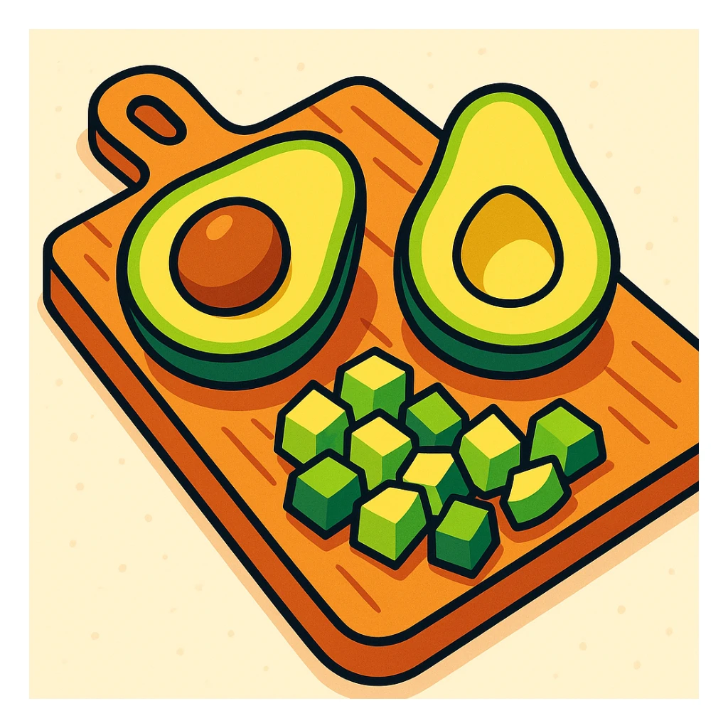 chopped avocados on a cutting board, vibrant cartoon style, vivid colors, light background, no text sticker
