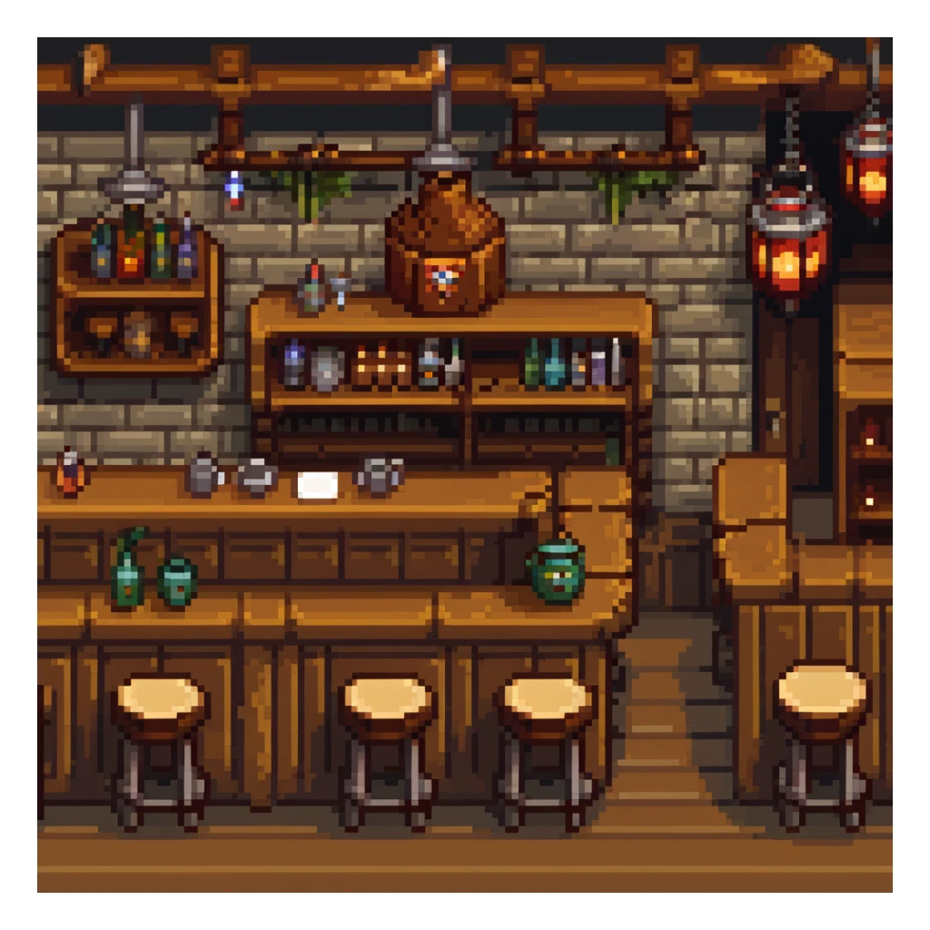 fantasy tavern interior with bar counter, stools, tables, and fantasy creatures enjoying drinks sticker