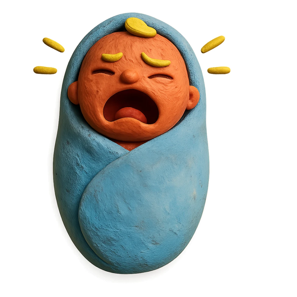 swaddled crying baby in claymation style sticker