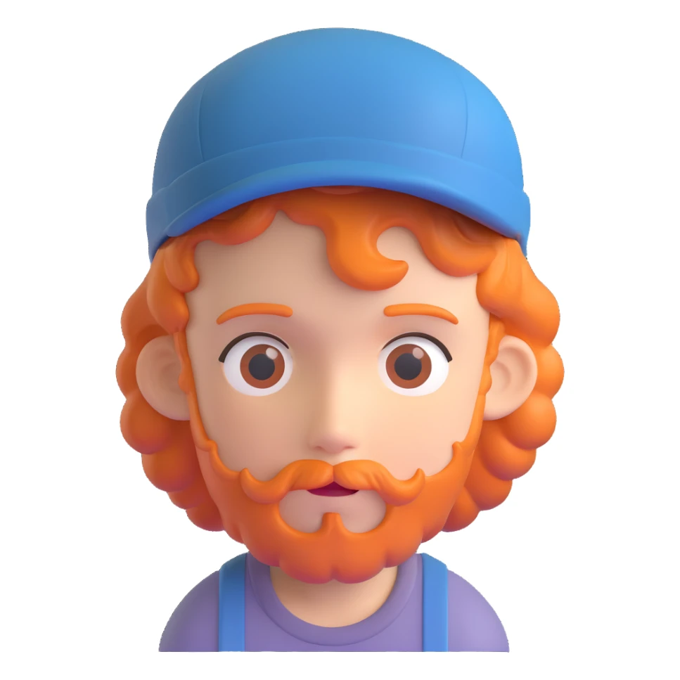 A boy with a backward cap, curly orange hair, and a goatee sticker