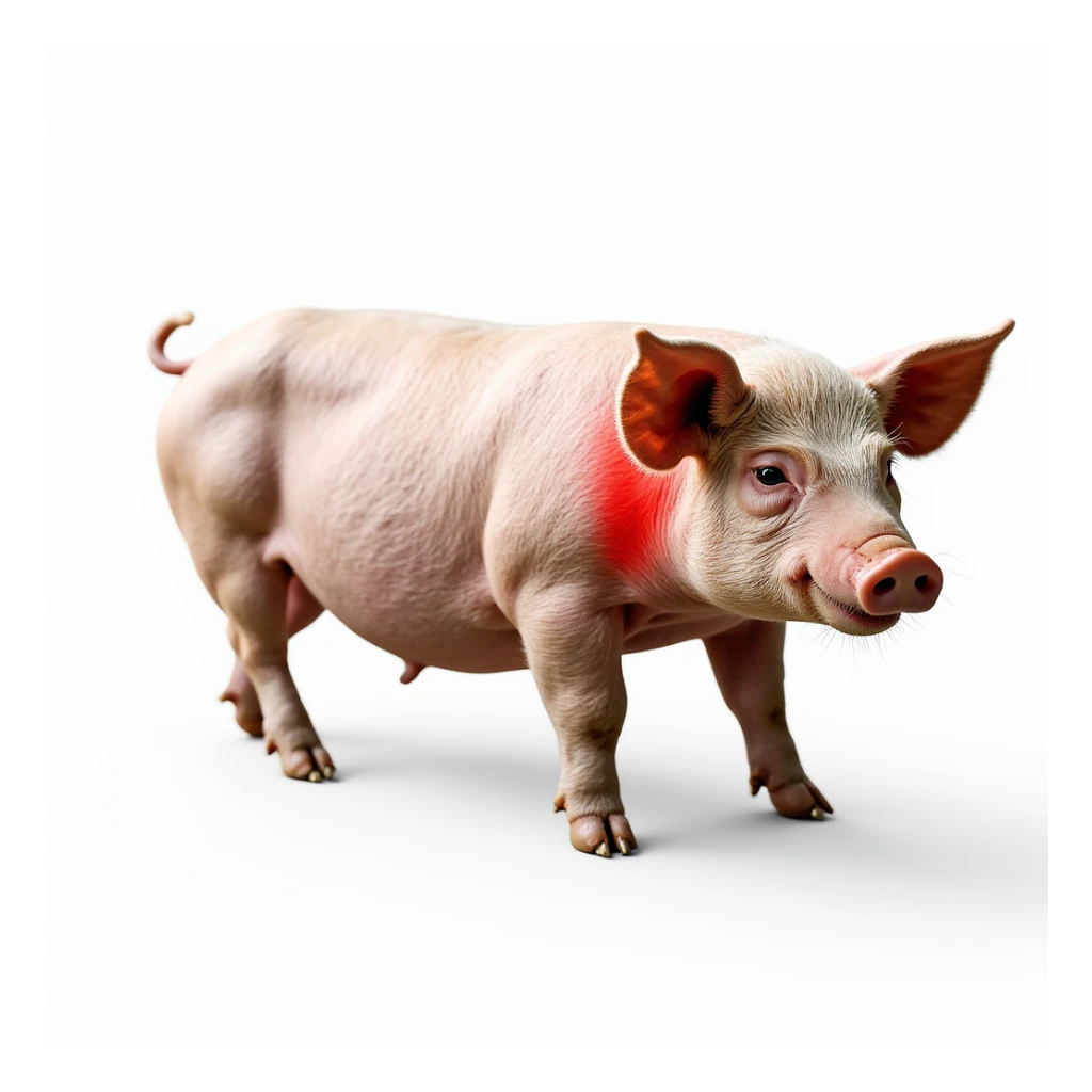 realistic pig isolated on white background, thyroid area highlighted in red visible on neck, clear anatomical details, hyperrealism, 4K quality sticker