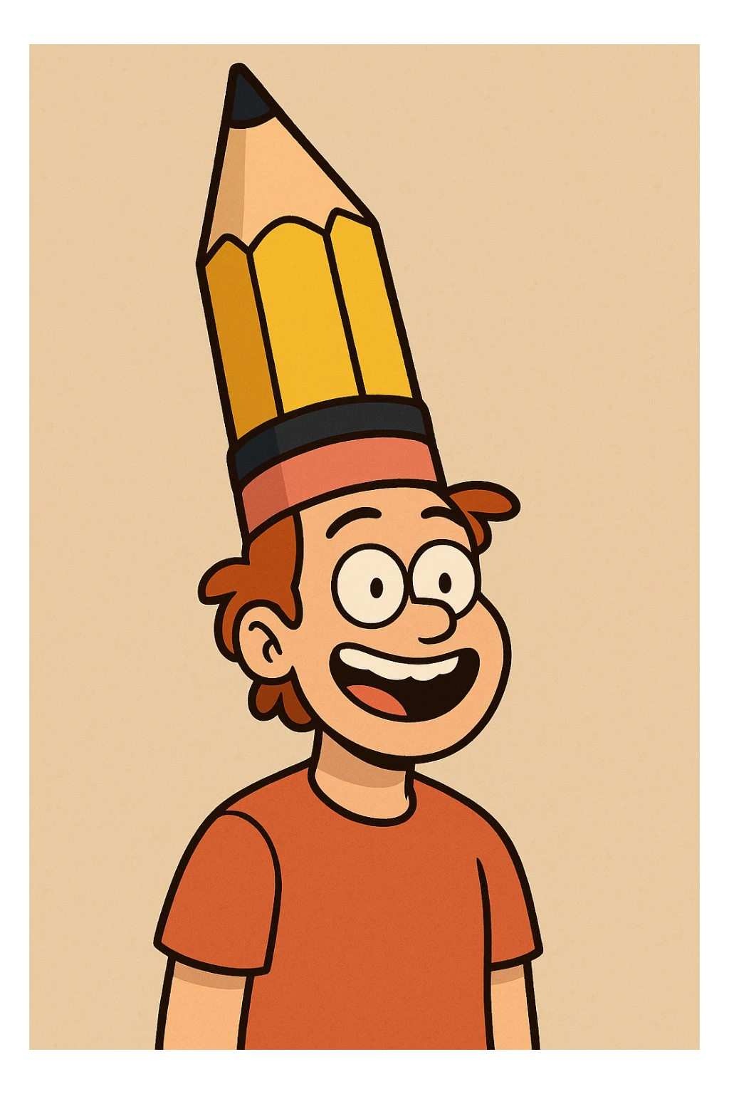 a person smiling, wearing a tall pencil hat, simple illustration, cartoon style, colorful, fun sticker