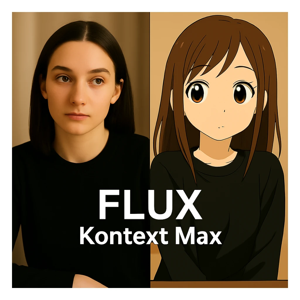 same similar image but chnage the text to "Flux Kontext Max", change people and pose too sticker