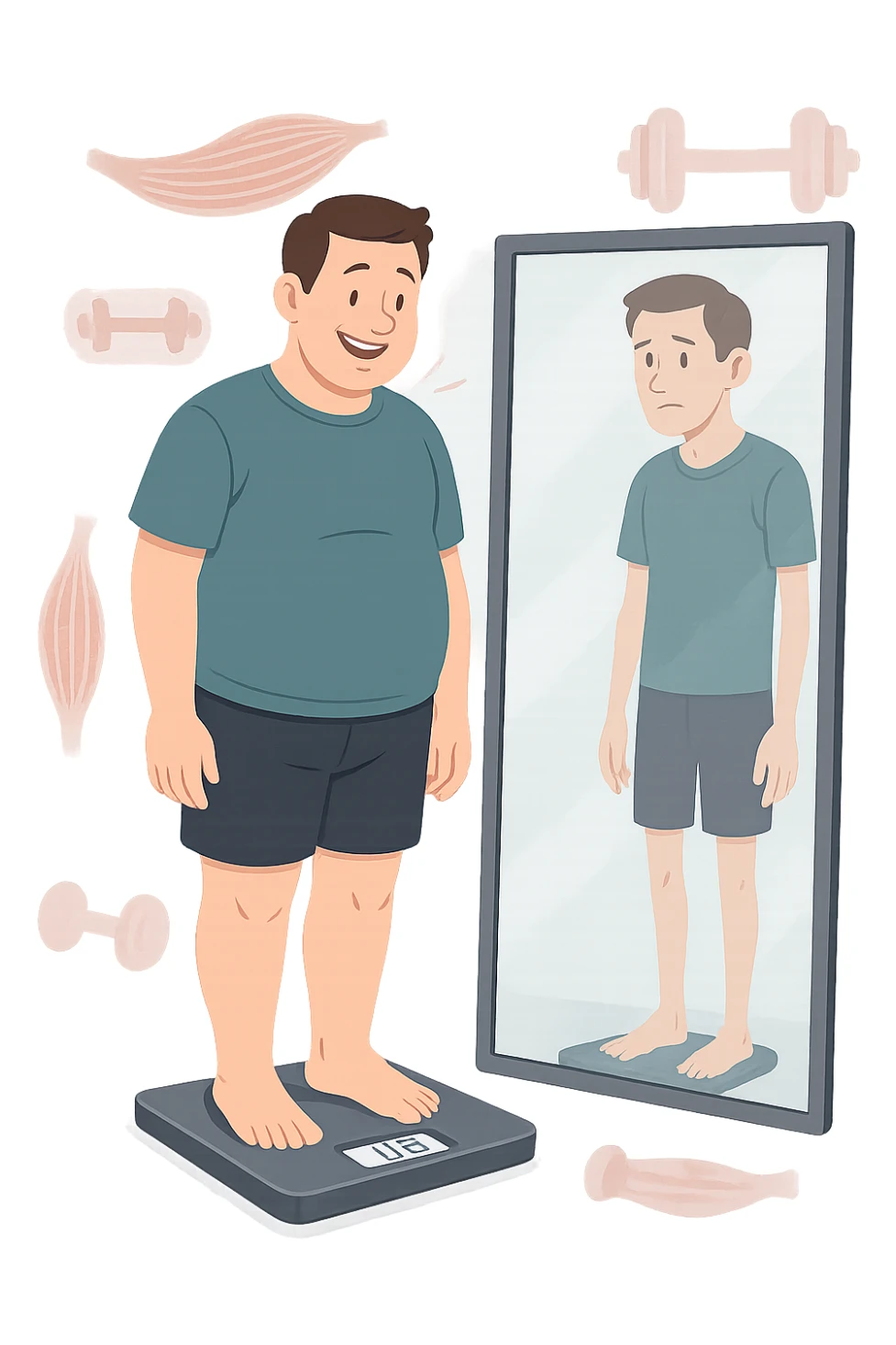 a man stands on a scale, smiling at the lower number, but his reflection in a nearby mirror shows a thinner, but also visibly weaker and less muscular body. Around him, floating icons or faded images of muscle fibers and dumbbells highlight the overlooked loss of muscle mass. The mood is cautionary and educational. in italiano sticker
