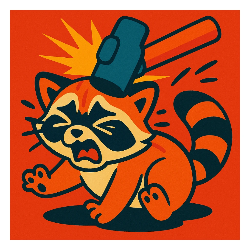 a little raccoon cat being hit by a hammer, expressive, cartoon style sticker