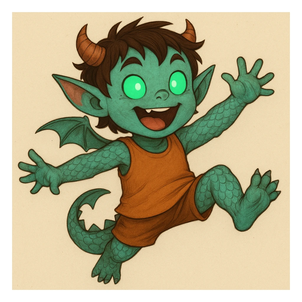 Give the kid a playful, energetic pose while keeping the blend of 60% dragon (scales, tail, tiny wings), 20% demon (small horns, pointed ears), and 20% alien (glowing eyes, odd skin tone). sticker