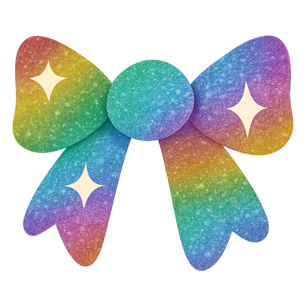 Make the sparkling bow rainbow colored with glitter details, playful and stylish, no background. sticker