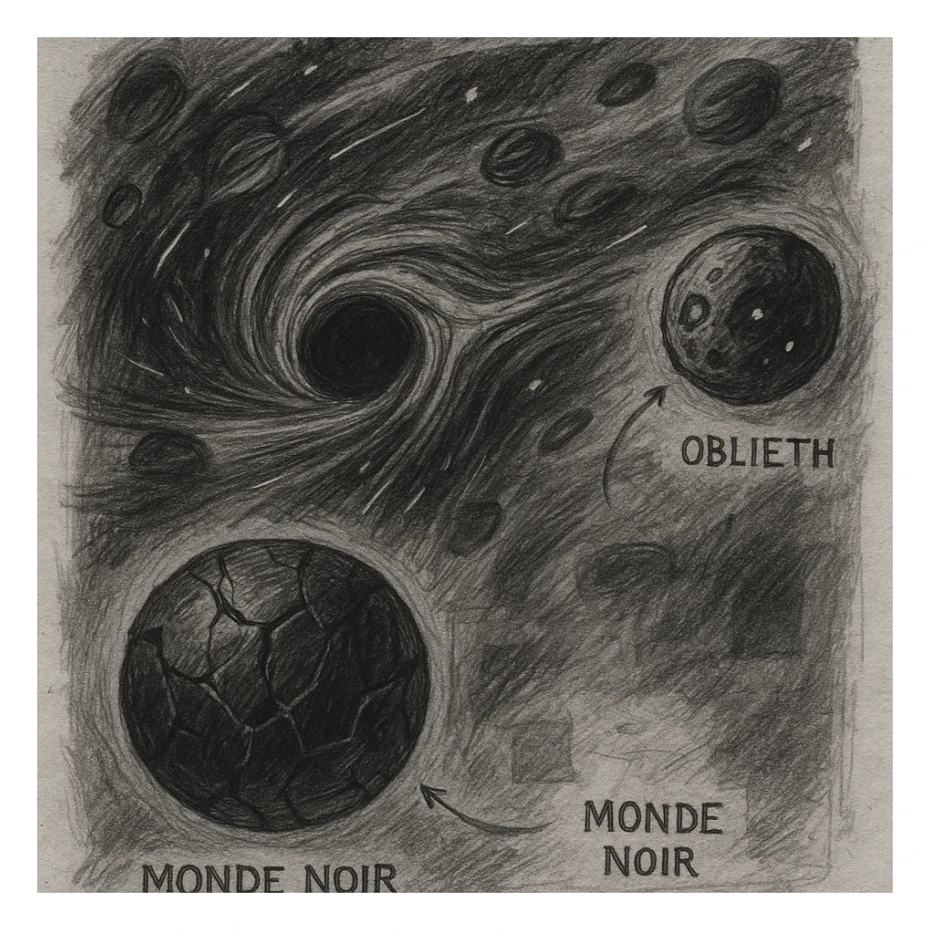 hand drawn map of dark back ward -“A dark cosmic region orbiting a massive black hole. No sunlight. A dead solar system with twisted planets and moons circling in silence. Monde Noir looms in the foreground — a cracked, obsidian planet with no atmosphere. Its moon, Oblieth, floats nearby, scarred and pitted, with faint green lights glowing from within cave openings. Stars are distorted and streaked by gravitational lensing. The entire scene is heavy, quiet, and surreal.” sticker