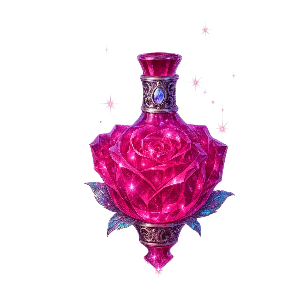 luxurious crystal elixir bottle in rose flower shape, deep pink color, ornate silver and iridescent details, ultra intense magical glowing and sparkling effects, very small neck, seamless bottom, bottle clearly floating in air, no base or shadow, modern, collection style sticker