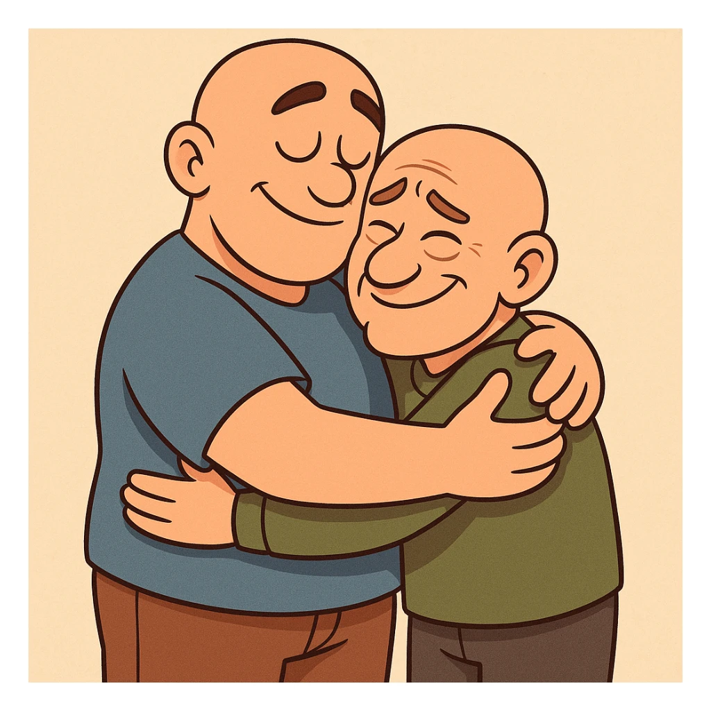 two bald men of different heights hugging, cartoon style, expressive faces sticker