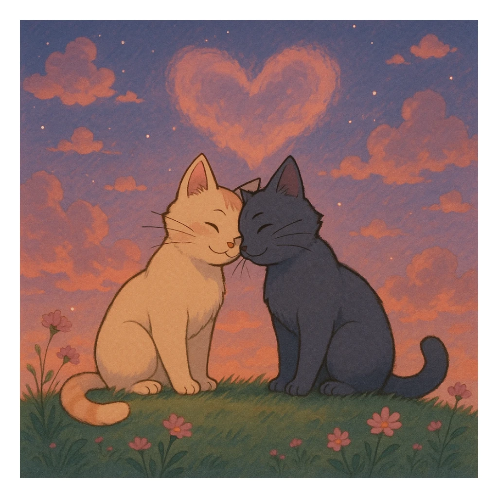 two cats in love in a dreamy romantic scene, ghibli style sticker