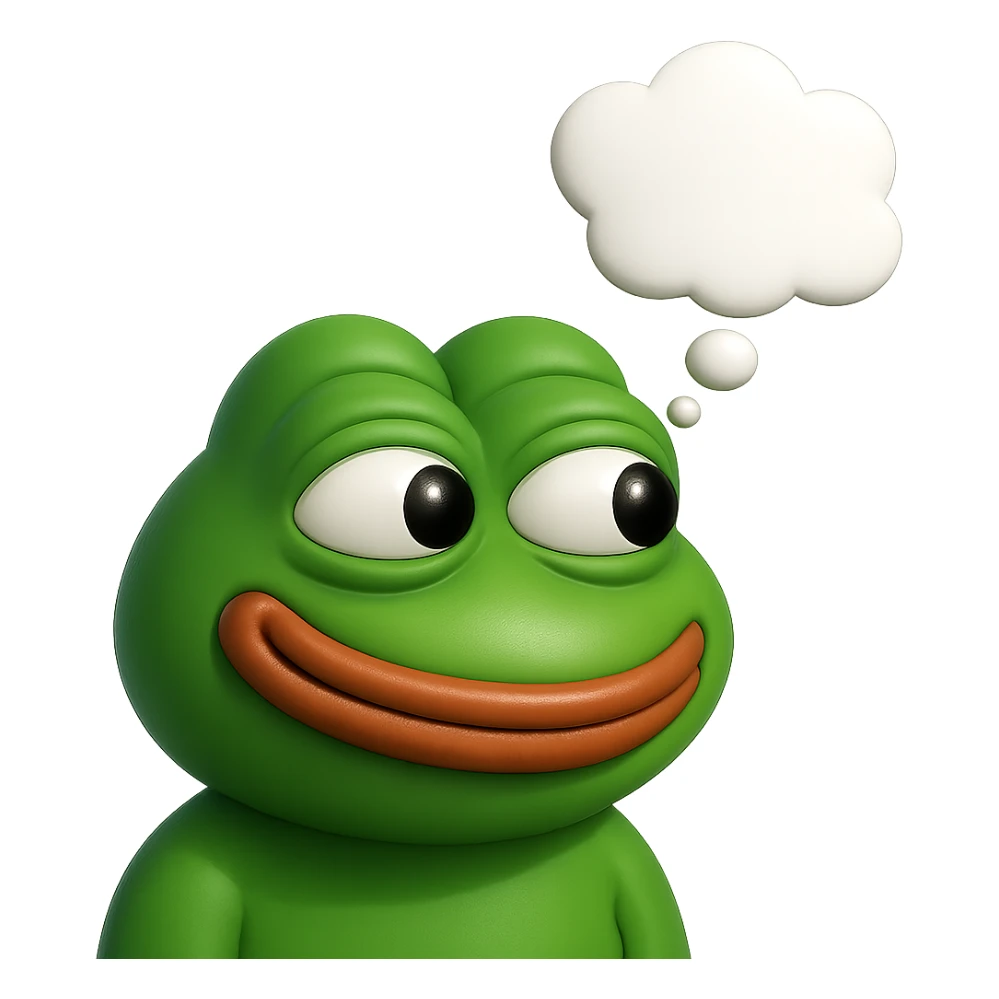 make a pepe in bright green smiling with thought bubble looking at right left in 3d style, good highlights and shadows, drop shadows sticker