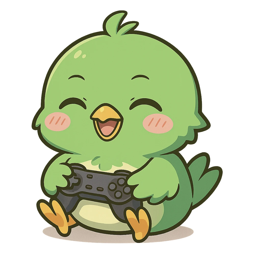 green chibi anime bird happy, gaming with a controller, chibi style, anime style, cute character, playing video games sticker