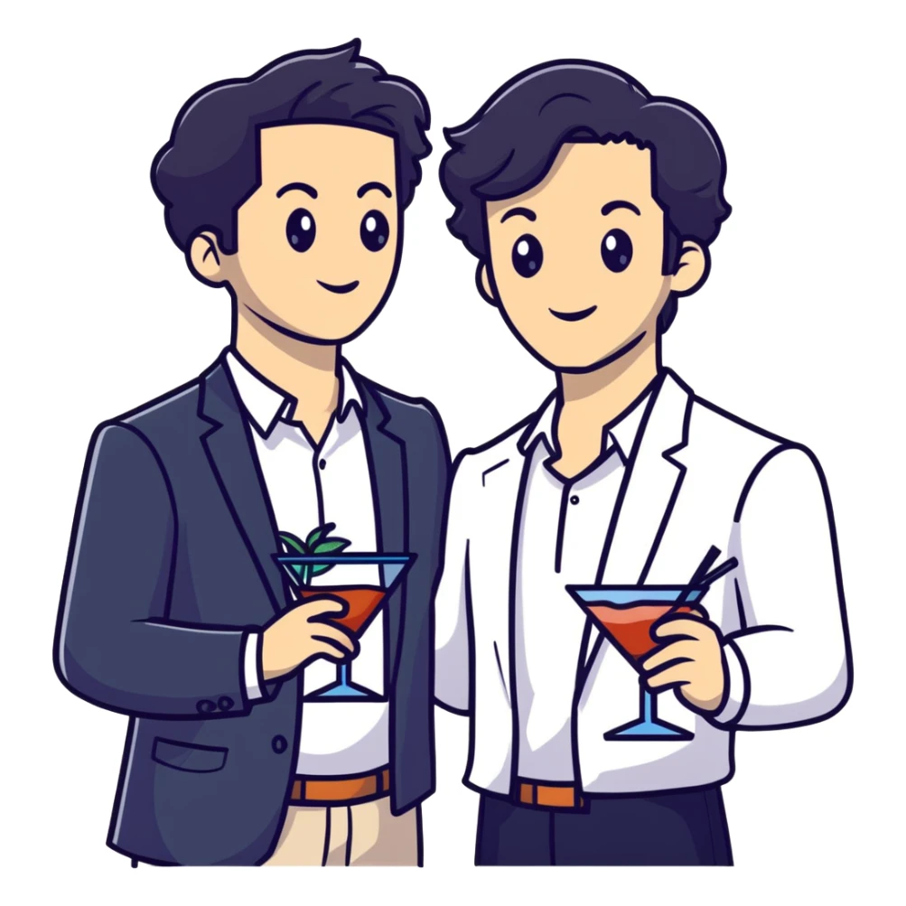 Management educator with black wavy hair, stubble, strong features, white skin, smart casual attire, mingling at a business networking reception, engaged in dynamic conversation with other professionals, cocktail event setting sticker