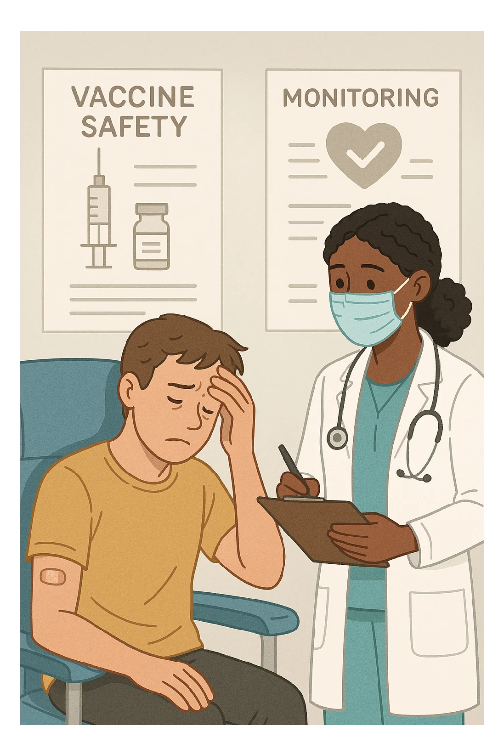 Vertical, educational medical illustration: a healthcare professional observes a patient who appears unwell after receiving a vaccine. The patient sits in a clinic chair, showing mild symptoms such as fatigue or headache, while the professional takes notes and offers reassurance. The background includes educational posters about vaccine safety and monitoring. sticker