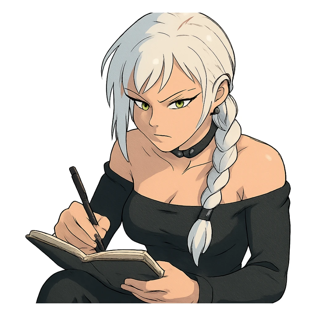  she is scribbling furiously in a notebook, a closeup portrait of young woman with gold yellow eyes, white hair, long braid, black off-shoulder top d-cup, punk gothic style, futuristic cyberwave cyberpunk, sitting position
 sticker