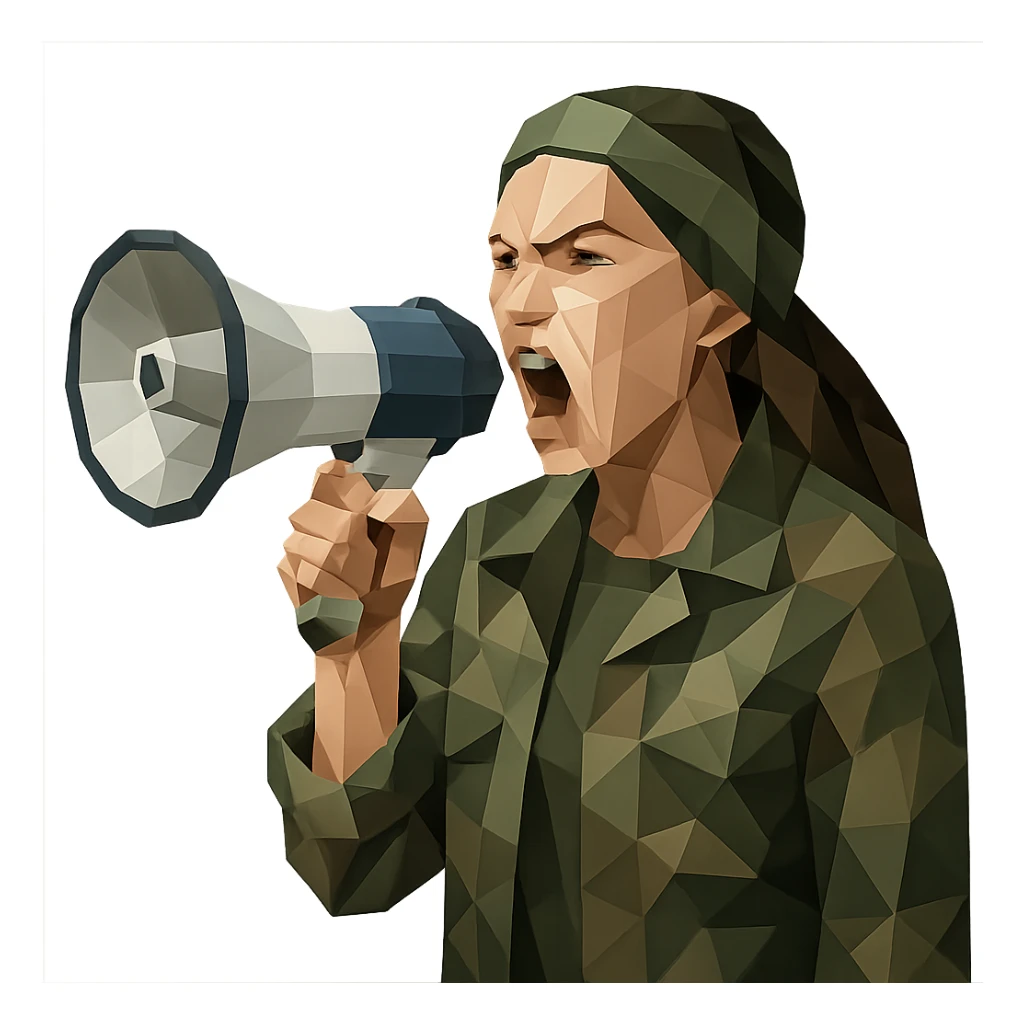 woman with green headband, camo jacket, holding a megaphone, angry expression sticker
