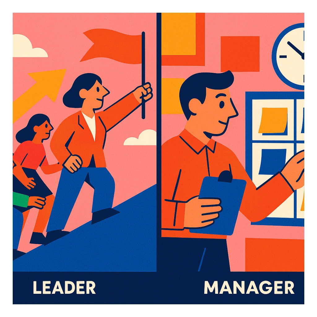 split image with left side showing a leader guiding a team and right side showing a manager organizing tasks, both working together in vibrant toon style sticker