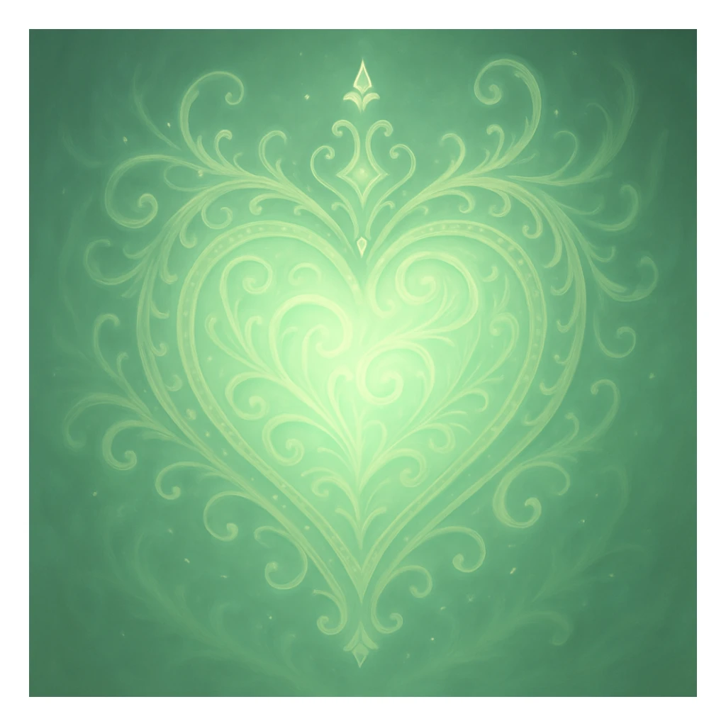 Edit the heart to be pastel green while keeping the fantasy magical style. Make it glowing and ornate with delicate, intricate details and a soft pastel green glow. sticker