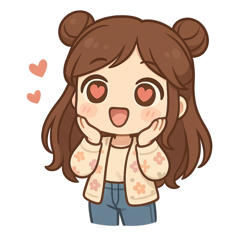 3D chibi style high-quality rendering smooth shadows soft gradients girl with long brown hair styled in two space buns brown eyes wearing jeans pastel floral cardigan thick white outline like a sticker transparent background in love hearts in her eyes preserve facial features sticker