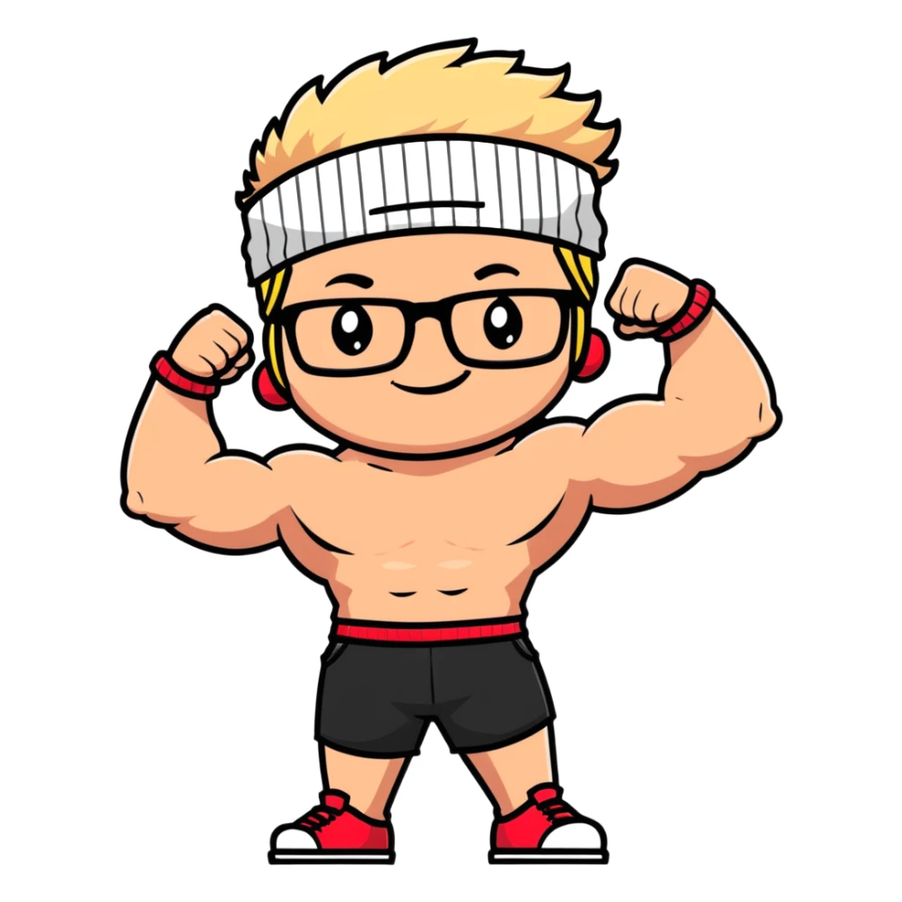 Regular man with black and white cap, bare torso, red shorts, clear glasses, messy light blond mullet hairstyle, smiling and flexing muscles sticker