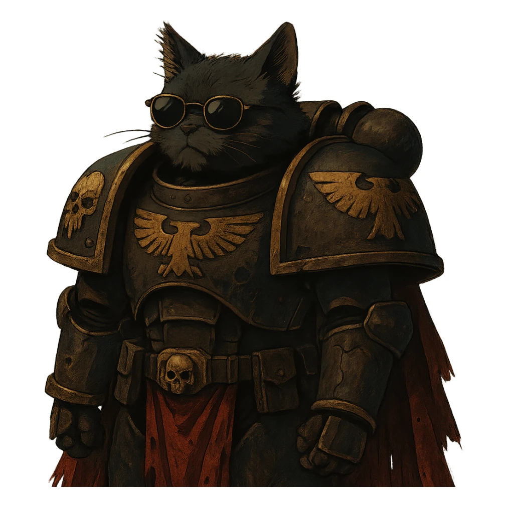 cat in sunglasses, Warhammer 40,000 inspired, dramatic ghibli style illustration sticker