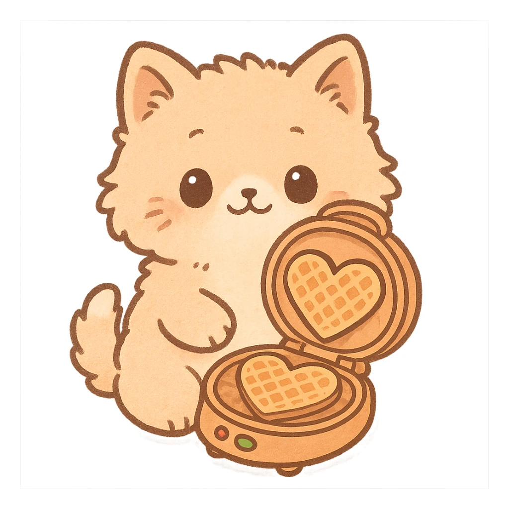 chibi style soft fluffy cat as a waffle maker, showing heart-shaped waffles, pastel orange, full-body sticker