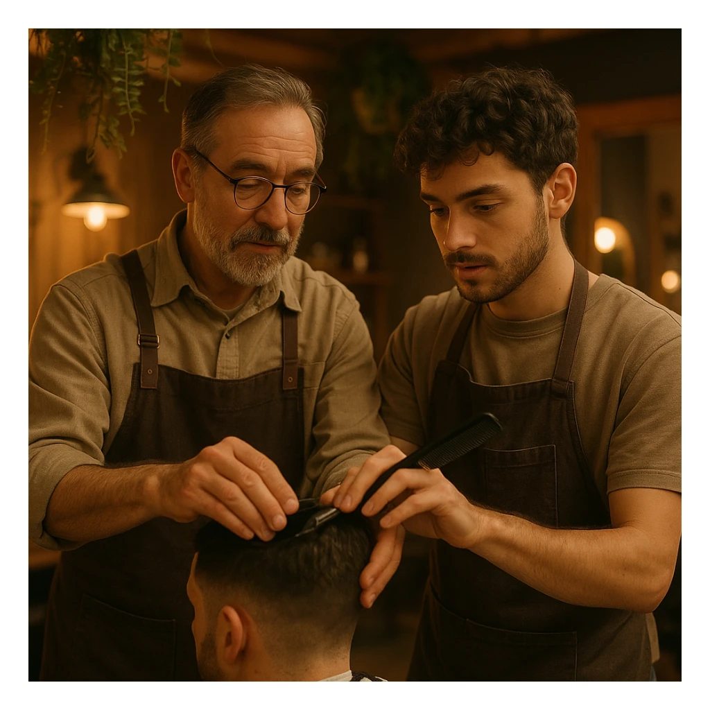 Inside a cozy barbershop with soft lighting, an experienced barber gently teaches his apprentice, guiding his hands as they cut hair together. The room is filled with warmth, plants hanging from the ceiling, and the hum of clippers sticker
