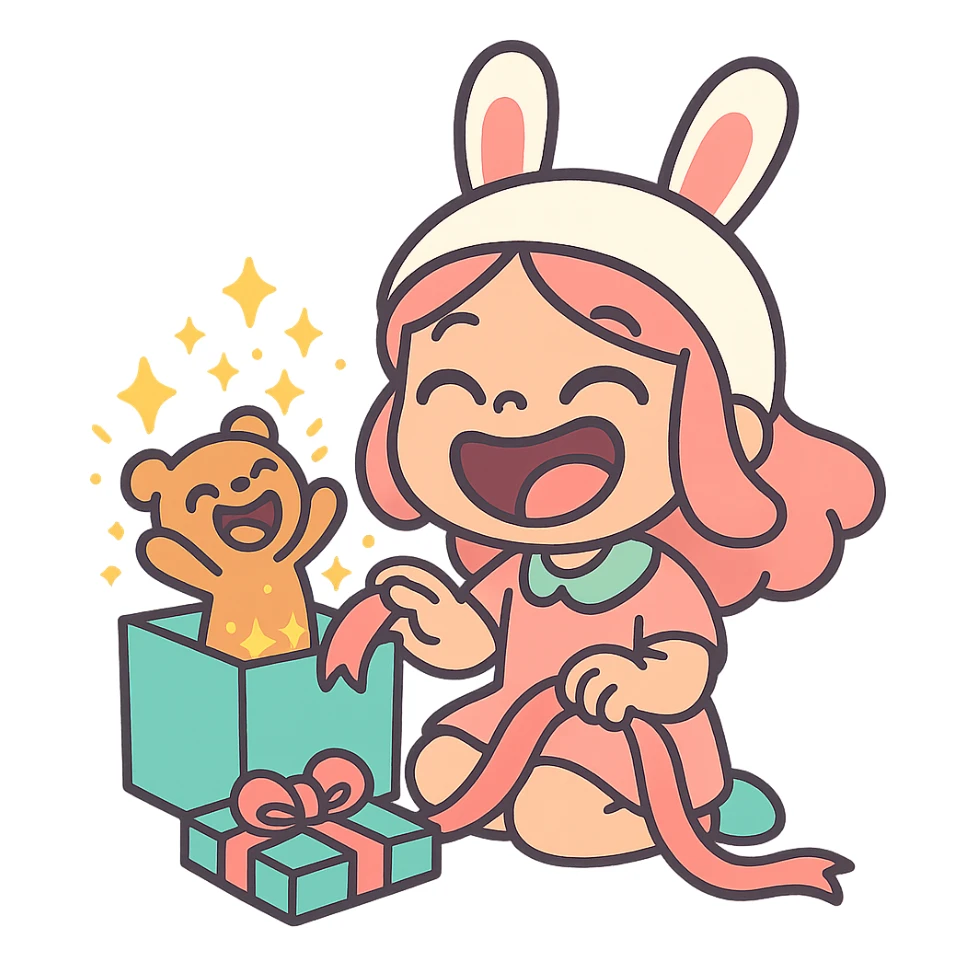 laughing chibi cute girl with a bunny hat, unwrapping a magical glitter gift box with a small laughing teddy bear inside, full body, clean and polished, no imperfections, pastel-toon style sticker
