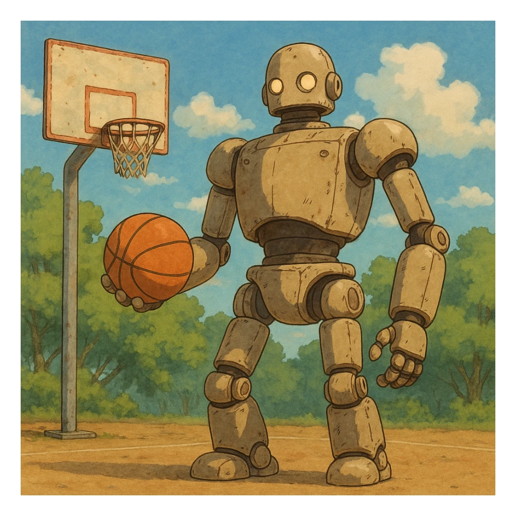 a basketball robot, ghibli style sticker