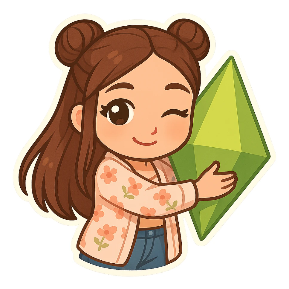Create a chibi sticker of the girl from the reference image. She has brown straight hair styled in double buns, brown eyes, wearing a pastel floral cardigan and jeans. The expression is flirty and she is hugging a plumbob. The sticker should have a white outline and a transparent background, sized 512x512px. sticker
