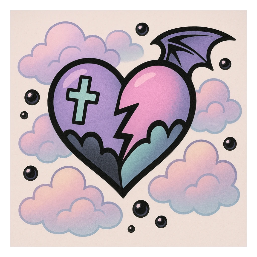 pastel goth heart with pastel clouds and black pearls sticker