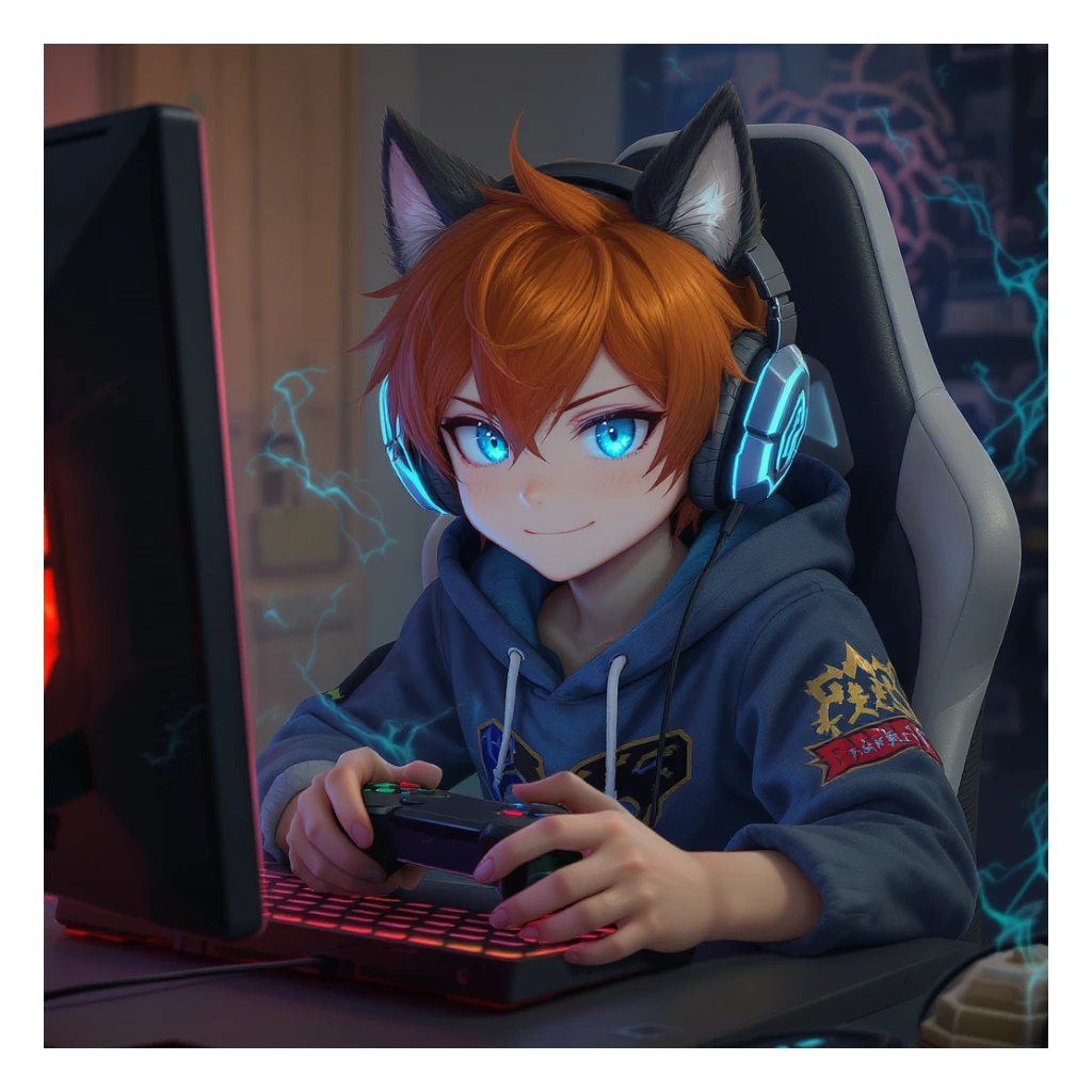 Red hair blue eye boy gaming with wolf ears sticker