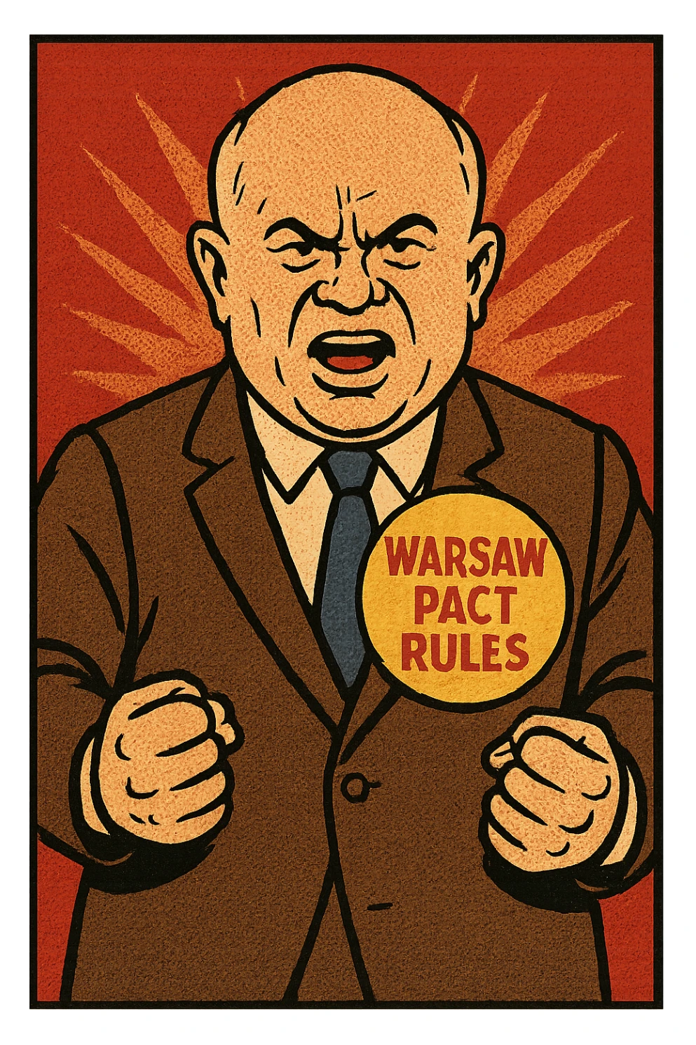 Soviet leader Khrushchev looking aggressive clenching his fists by his side wearing a large badge which says 'Warsaw Pact Rules' sticker