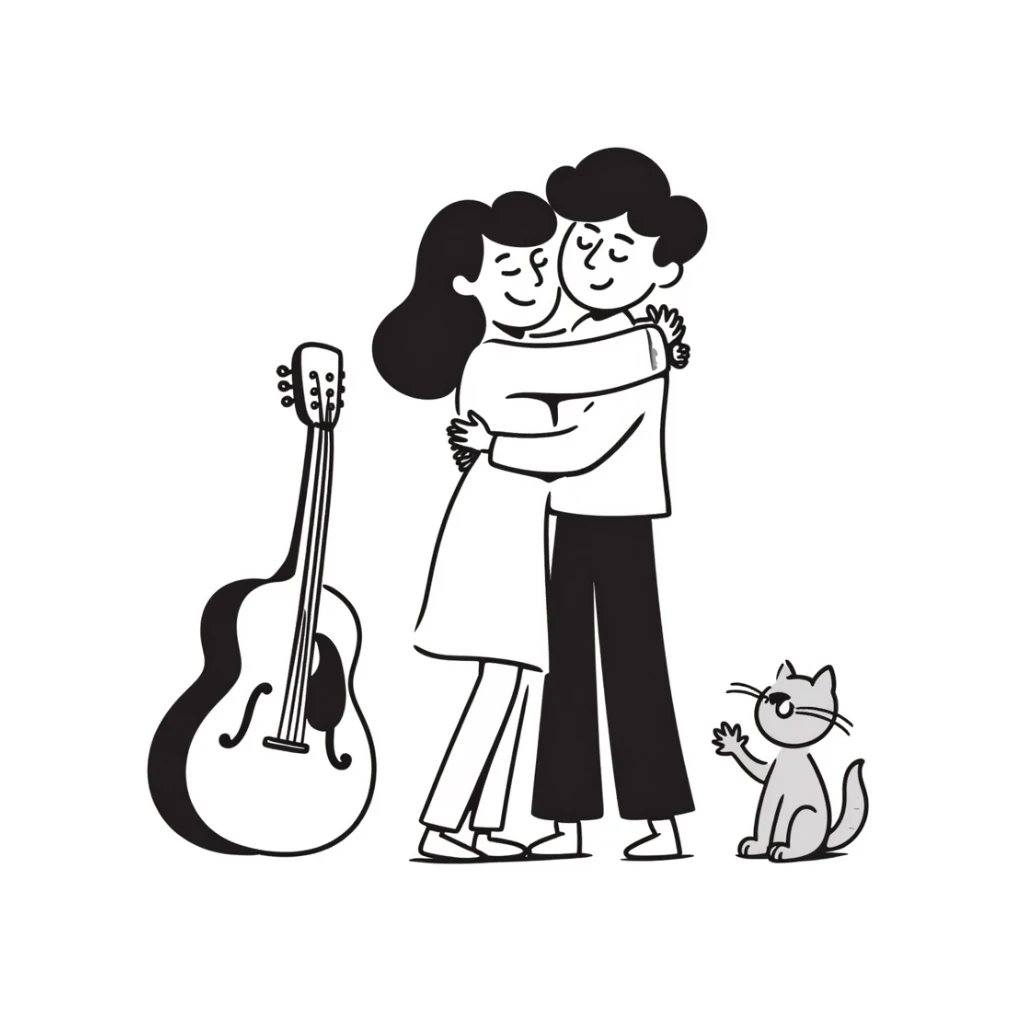 Two happy musicians hugging each other, smiling, friendly embrace, musical instruments nearby sticker