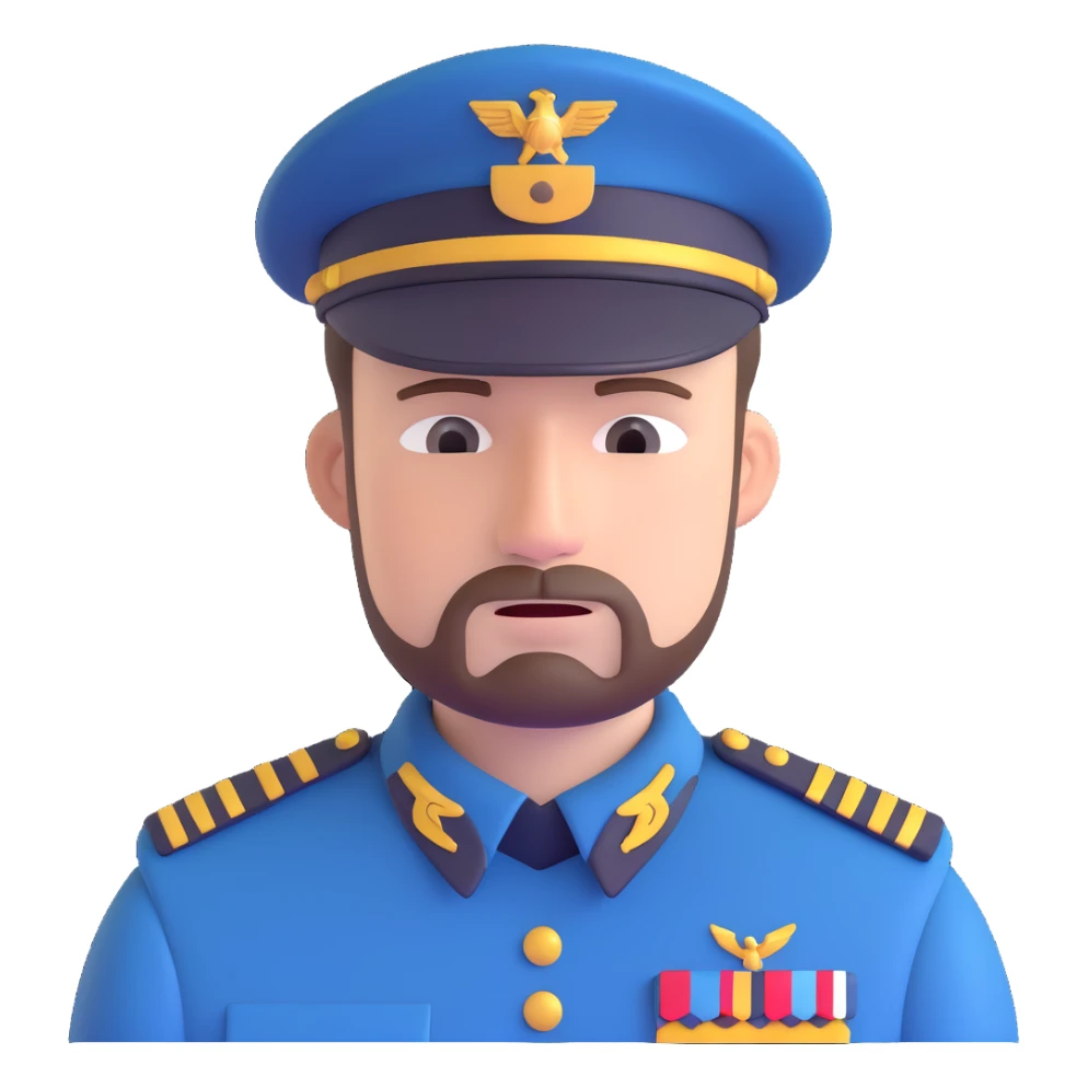 A white man with stubble in a soldier's uniform and a sad face sticker