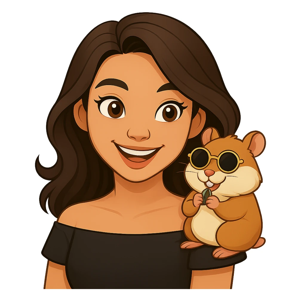 Remove the background and make it transparent. Keep the woman and her hamster with heart-shaped sunglasses as the focus, maintaining a modern, clean, warm style. sticker