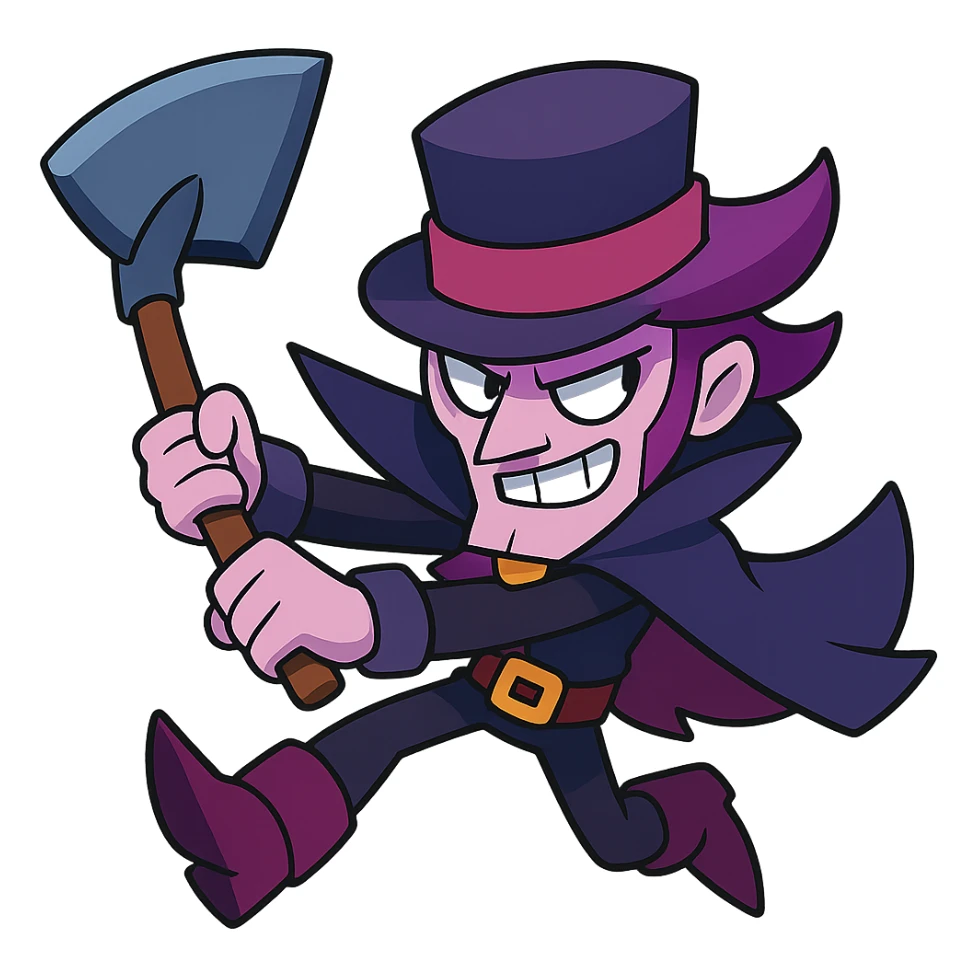Mortis from Brawl Stars swinging his shovel, vibrant cartoon style sticker