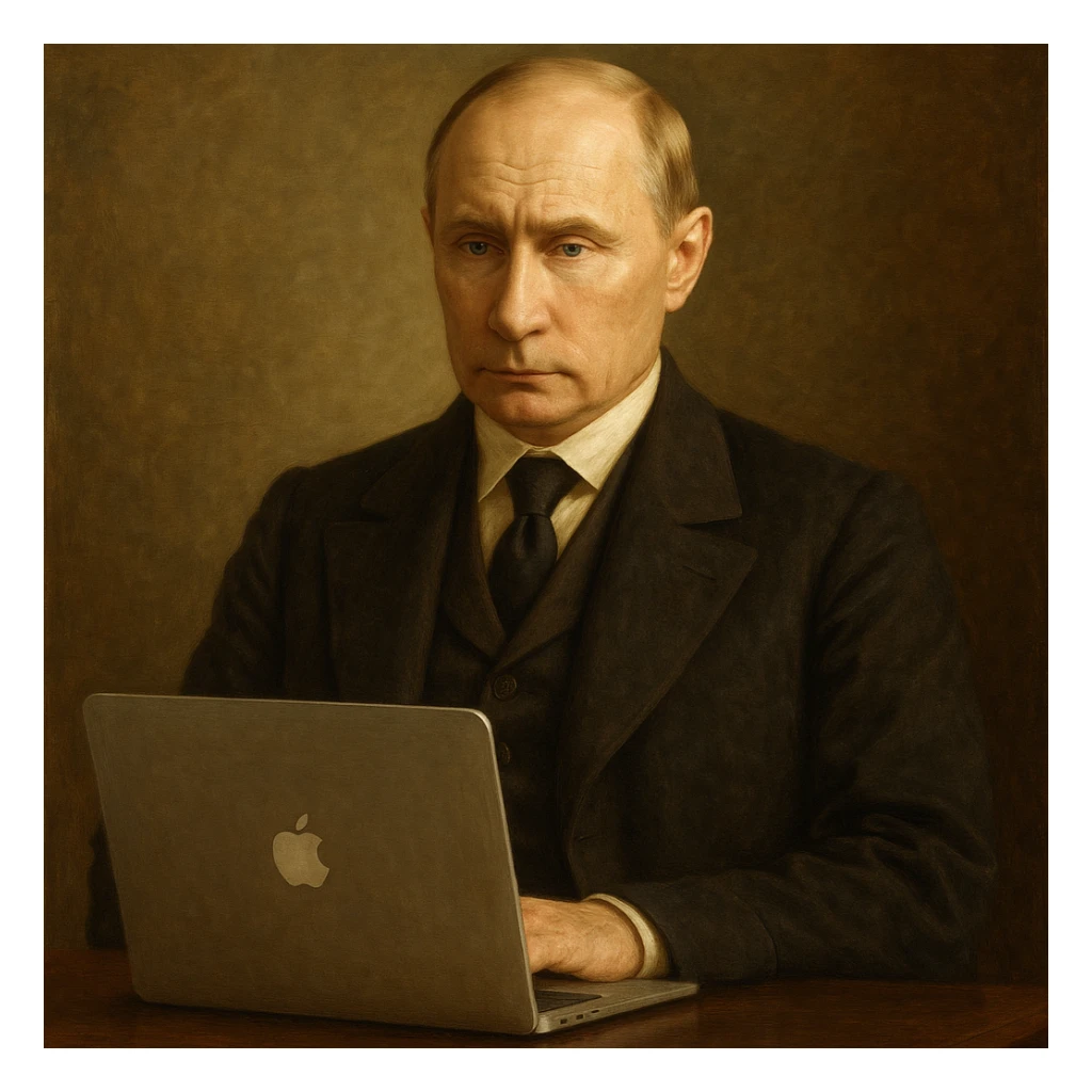 Historical leader portrait-style Vladimir Putin with a MacBook on a desk sticker