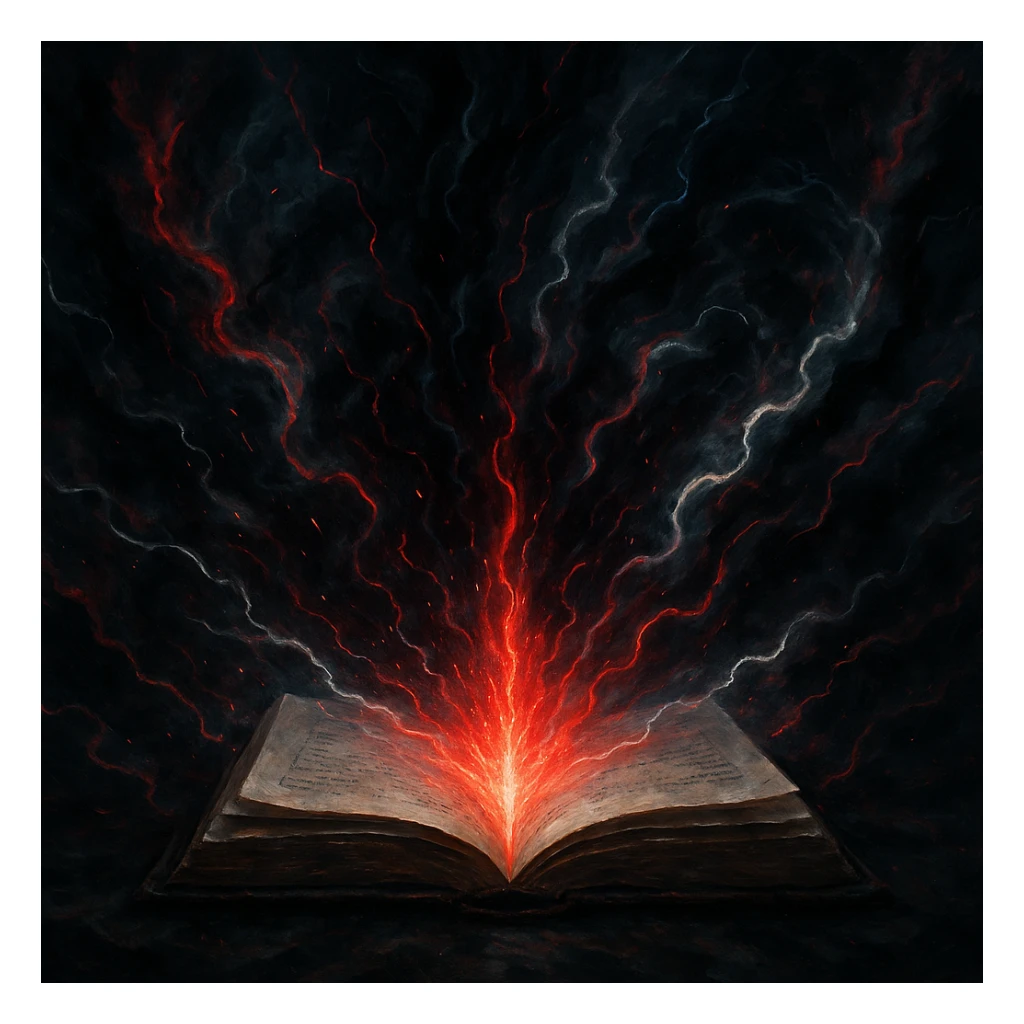 open book with dark aura, predominant colors red, black, white, and dark blue, powerful transformation feeling sticker