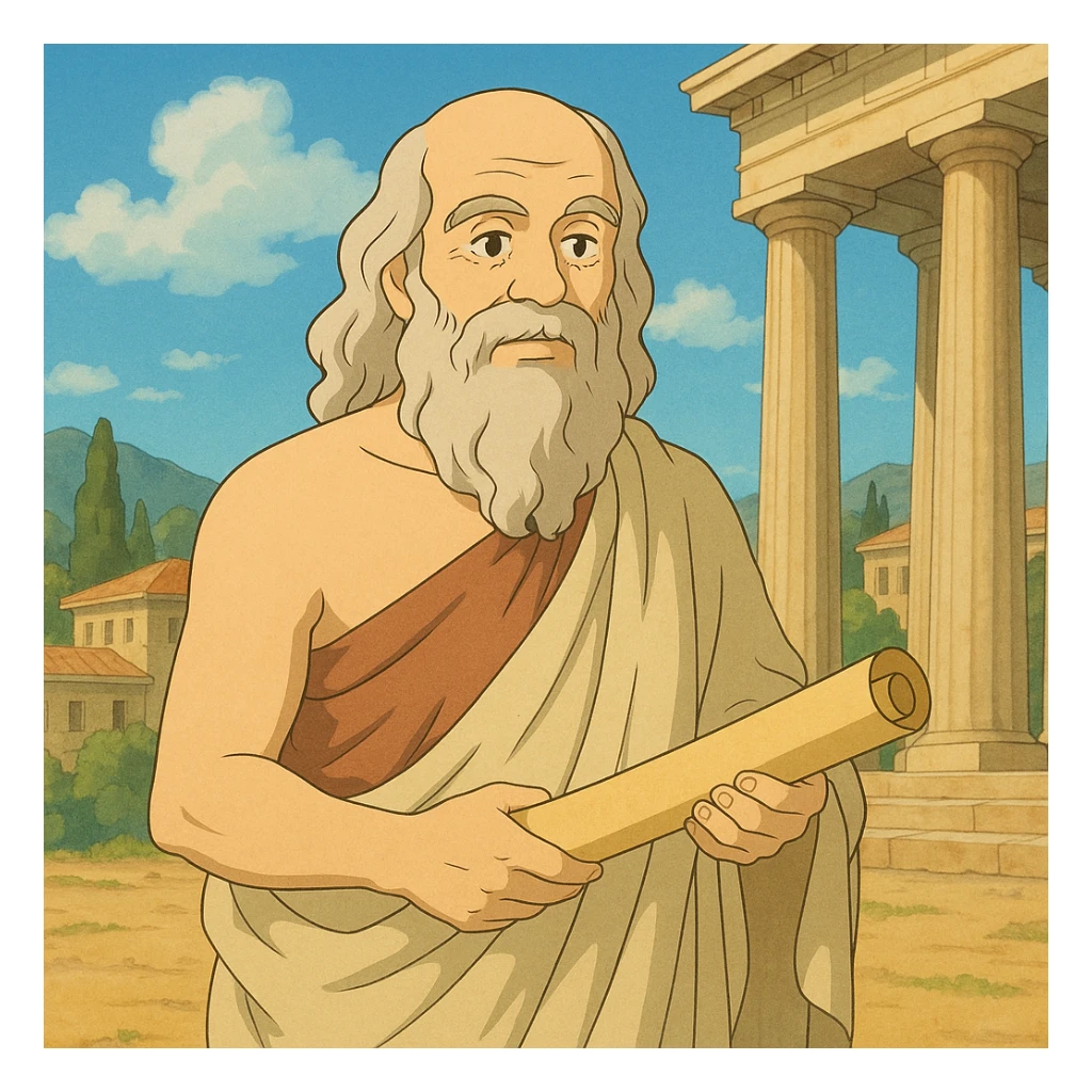 ancient Greece philosopher with scroll, togas in ghibli style sticker