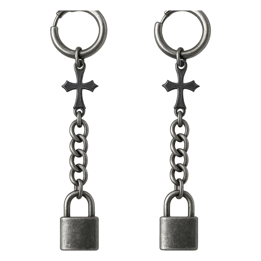 goth earrings, chain and padlock, punk gothic, metallic sticker