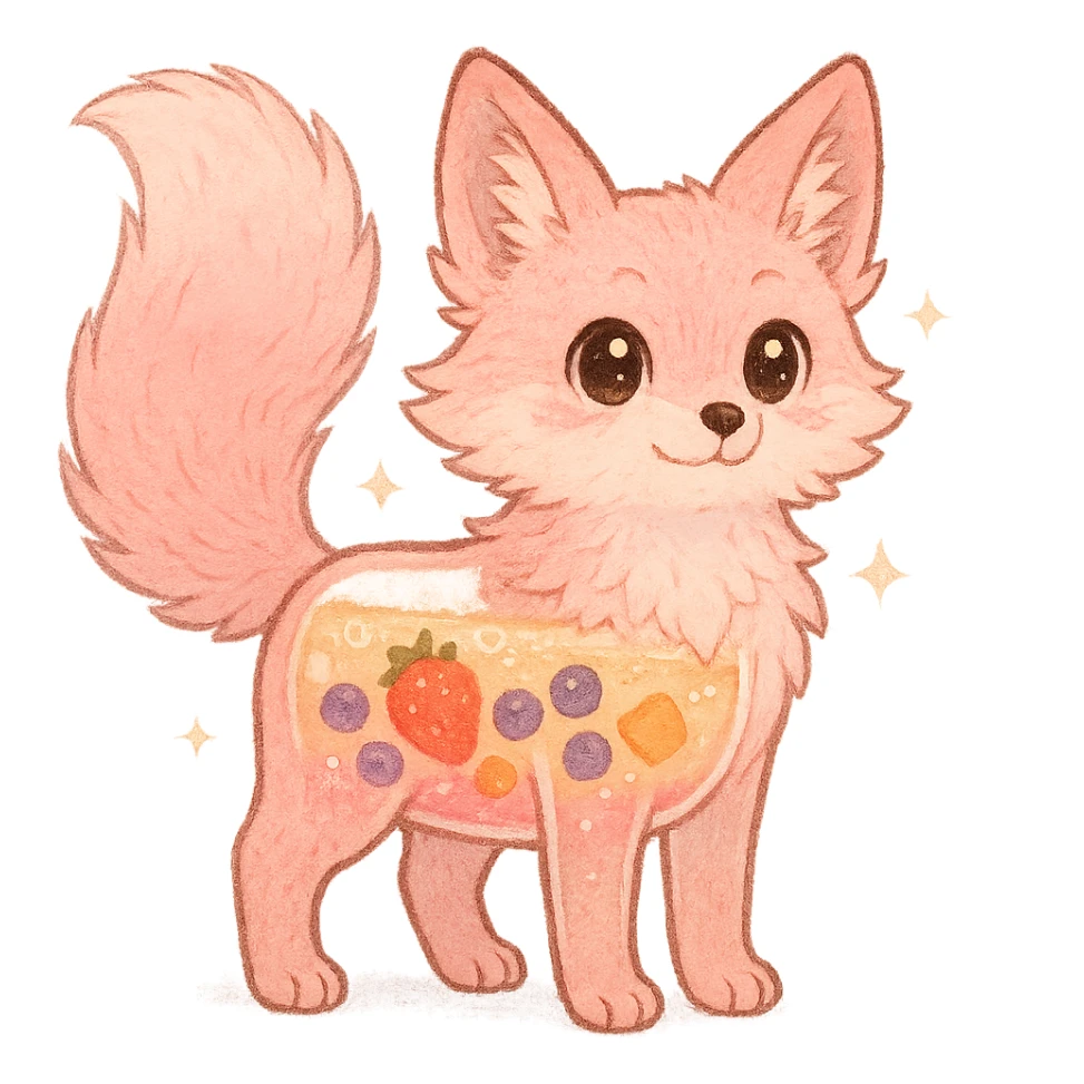 full-body fluffy fox in pastel pink, transparent body with visible fruity smoothie, sparkling eyes sticker