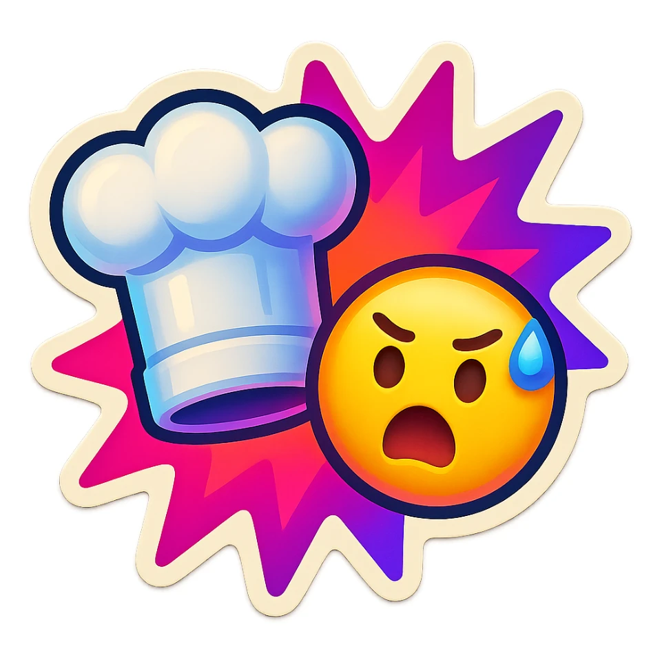 chef's hat with urgency emoji, color explosion, playful and modern with gradient FF4D67, 9D34FF gradient, vibrant sticker