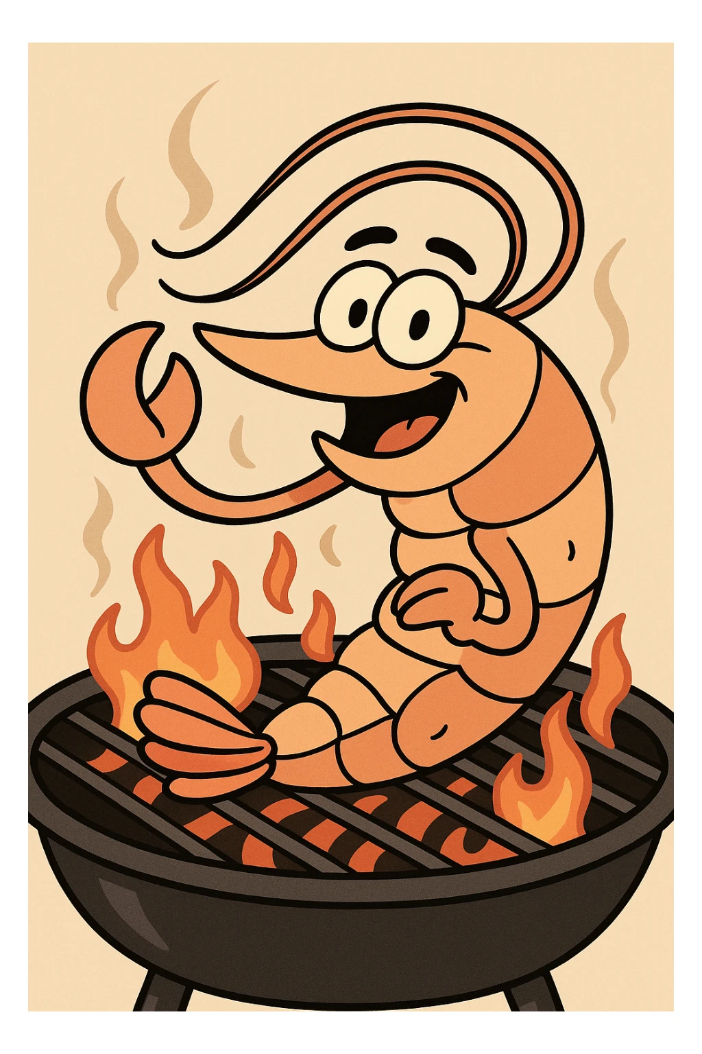 shrimp on a barbecue grill, cartoon style sticker