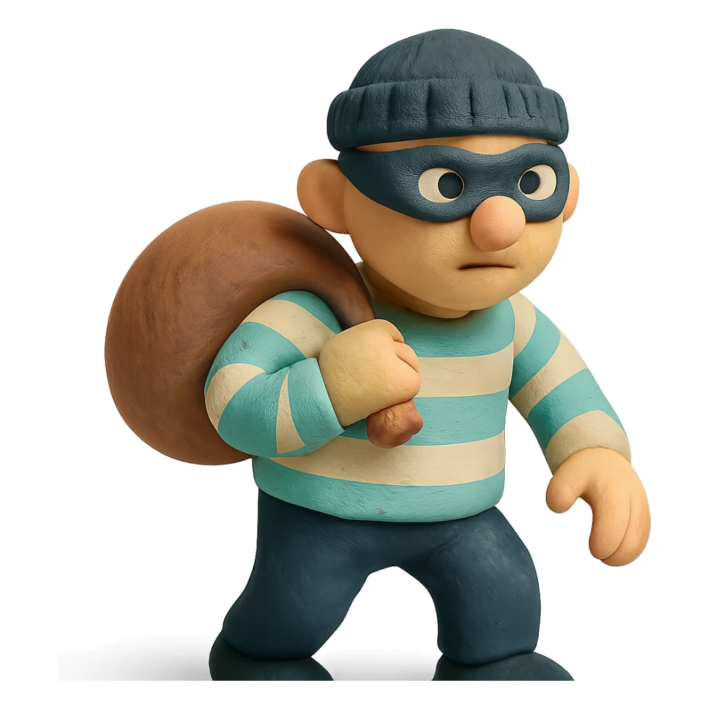 matte plasticine claymation style thief character with visible fingerprints and pastel colors sticker